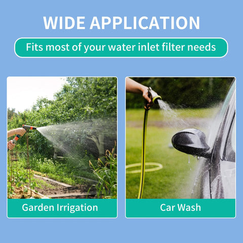 Hose filters: 4-pack stainless steel 60-mesh inlet strainers with check valve for garden irrigation and car wash.
