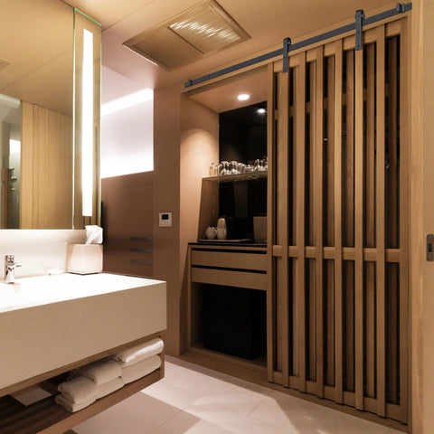 Bathroom view with 6.6 Ft Sliding Barn Door Hardware Kit For Heavy Duty Closet And Cabinet Doors, Easy Install system in place.