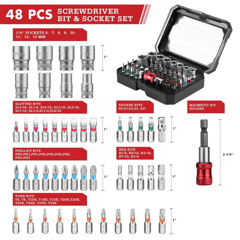 48 Piece Screwdriver Bit And Socket Set with Color Coded S2 Steel Bits and Magnetic Bit Holder, including 6-13 mm CRV Sockets