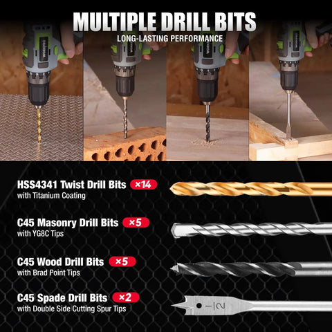 All In One 455 Piece Drill Bit And Screwdriver Bit Set With Titanium Twist Bits And Double Sided Storage Case For Wood Metal Plastic Concrete And Masonry By WorkPro showing various drill bits for different materials.