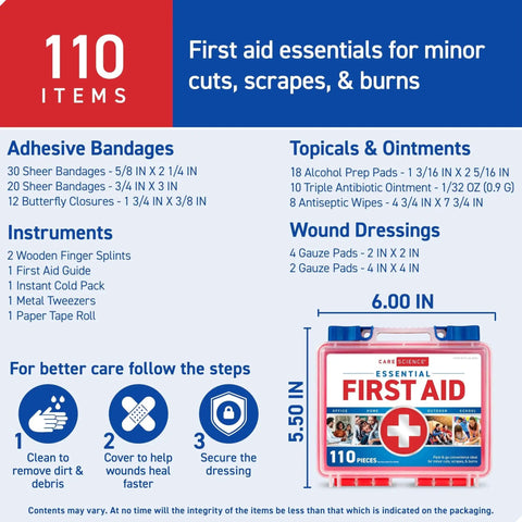 110 Piece First Aid Kit With Physician Recommended Supplies for emergencies; includes adhesive bandages, ointments, and wound dressings.