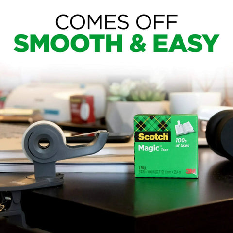 Desktop with Scotch Magic Tape dispenser and box, captioned 'Comes off Smooth & Easy'