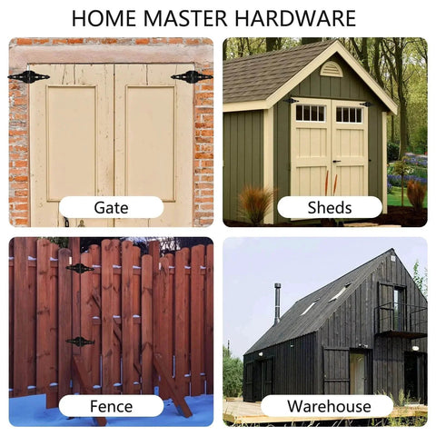 Collage of outdoor projects using 8 Inch Heavy Duty Gate Hinges For Wood Gates And Fences Black Six Pack With Screws And Mounting Hardware.
