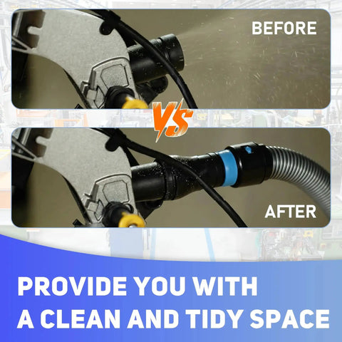 16 Foot Dust Collection Hose Kit with Six Universal Adapters showing before and after cleaning effect on sander tool