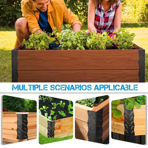 Set Of Eight Heavy Duty Raised Bed Corner Brackets With Wood Screws Rust Resistant Metal Connectors For 20 To 24 Inch Beds Easy Install Edging For Vegetable Planter Garden Matte Black Finish shown in use on a wooden garden bed.