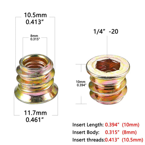 80 Pieces One Quarter Twenty Wood Threaded Inserts with hex socket, 10mm length, shown with dimensions for furniture assembly