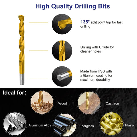 Image showcasing a high-speed titanium twist drill bit with 135° point, ideal for wood, cast iron, aluminum, plastic, fiberglass.