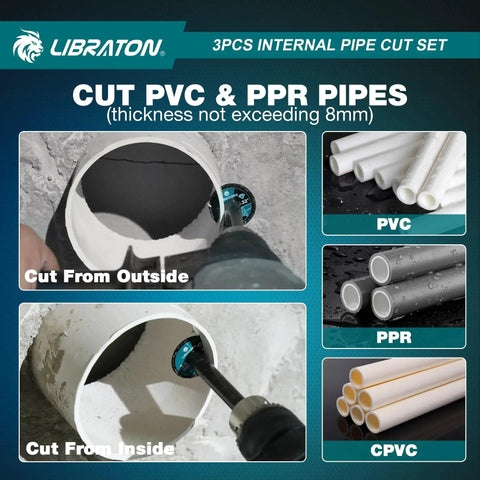 Internal PVC Pipe Cutter Kit With Diamond Grit Cutting Wheel And Deburring Tool For Impact Drivers and Drills in use cutting pipes