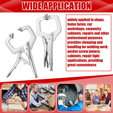 Two locking C-clamps with swivel pads and regular tips, 4-inch jaws, silver metal finish.