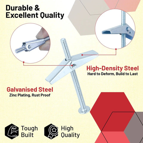 Close-up of 28Pcs Toggle Bolts For Drywall Kit With Butterfly Wing Nuts And Screws, highlighting galvanized steel and high-density materials.