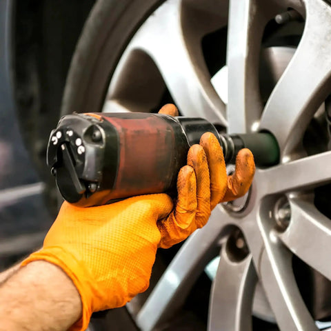 Using Heavy Duty Nitrile Gloves 8 Mil Diamond Grip Latex Free Orange XXL 100 Count for tire maintenance