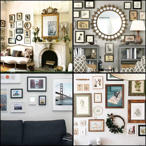 Collage of living room wall art displays from different homes featuring framed pictures, mirrors, and various decorative items.