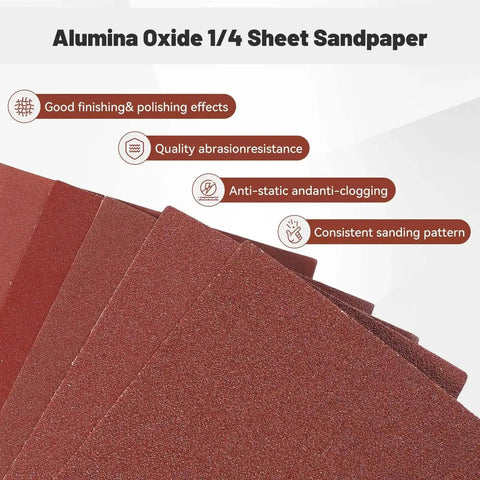Spread of 1/4 sheet sandpaper highlighting abrasion resistance and polishing effects.
