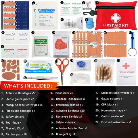 Contents of Compact 147 Piece First Aid Kit With Rotatable Buckle displayed with bandages, gauze, scissors, and waterproof case.