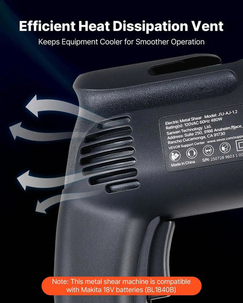 Electric Metal Shear With 360 Degree Swivel Head showing efficient heat dissipation vent for smooth operation.