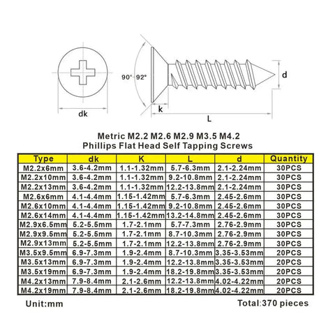 Chart of 370 Piece Metric 304 Stainless Steel Phillips Flat Head Self Tapping Screws Assortment Kit with dimensions and quantities