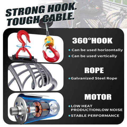 Image showing 3 In 1 Electric Hoist Winch 1500W 120V 1500 Lb Capacity With Manual Wired Remote features: strong hook, galvanized rope, motor.