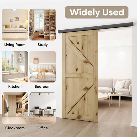 Wooden door with Six Foot Sliding Barn Door Hardware Track Kit Aluminum Box Rail Wall Mount Interior Wooden Doors visible.