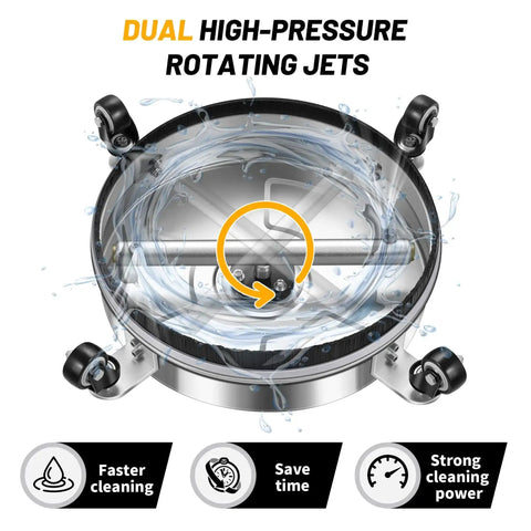 Bottom view of 14 Inch Pressure Washer Surface Cleaner With Four Wheels Stainless Steel Construction showing dual rotating jets.