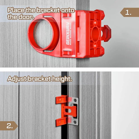 Door Lock Installation Kit For Wooden Doors With Guide Template And Carbon Steel Hole Saw Set, red bracket on door.