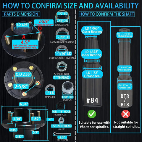 Image showing dimensions and assembly of Heavy Duty Trailer Idler Hub Kit for 3500 Lb Axles, 5 Lug 4.5 Inch, Fits 1-1/16 to 1-3/8 Inch Spindles.