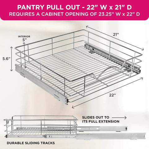 Heavy-Duty Cabinet Organizer With Pull-Out Drawer For Pots And Pans, Smooth Roll-Out Slides, Anti-Rust Chrome Finish, 22 W X 21 D X 5 H Basket