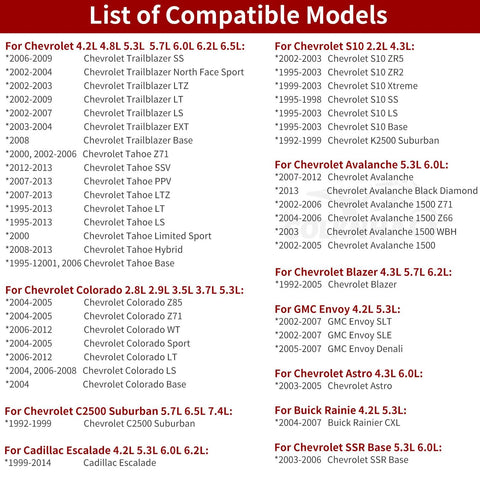 List of compatible models for Rear Wheel Bearing And Seal Kit For GM Rigs And SUVs Left And Right Axle Fits Blazer Silverado Suburban Canyon Tahoe Envoy Trailblazer Sierra 2500 1500.