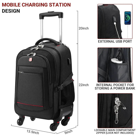 Underseat Rolling Backpack With Wheels For Air Travel Airline Approved Personal Item 18x14x8 featuring USB port and power bank pocket