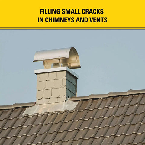 Beefed Up Heat Tolerance Silicone Sealant used on chimney top with metal vent, sealing small cracks, visible on a tiled roof.