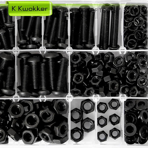 Heavy Duty 500 Piece Set M6 And M8 Screw And Nut Kit With Lock Nuts Washers And Wrenches For DIY Projects And Home Repairs Twelve To Forty Millimeter Button Head Bolts And Alloy Steel Fasteners, close-up view in storage case