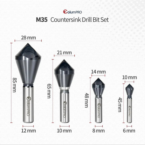 Pro Grade Heavy Duty Cobalt Countersink Set Four Pieces Single End M35 90 Degree Countersink Bits with size details visible