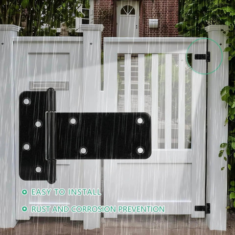 5 Inch T Strap Heavy Duty Gate Hinges 260 Lb Capacity 4 Pack Black Wrought Iron Screws Installed on White Gate