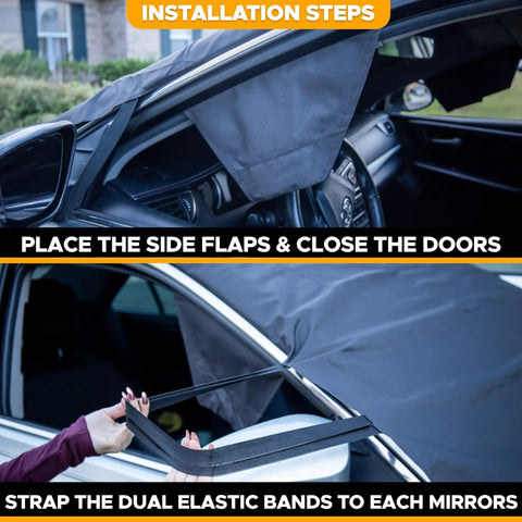 Installation of Windshield Cover For Ice And Snow Universal Fit For Car SUV And Truck Heavy Duty 600D Oxford Fabric Frost Protector.