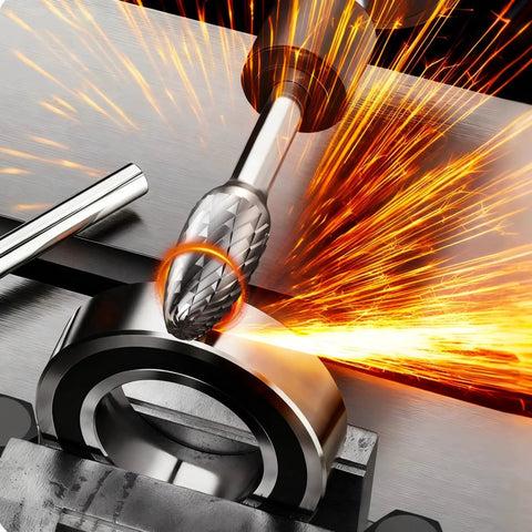 10 Piece Tungsten Carbide Die Grinder Burr Set With One Quarter Inch Shank for metal cutting and engraving in action