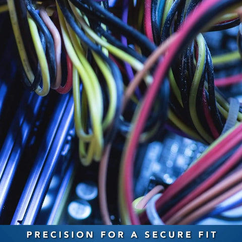Close-up of colorful wires and cables inside a machinery setup labeled "Precision for a Secure Fit."