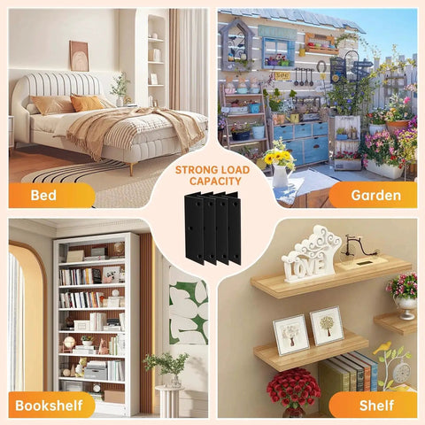 Heavy Duty 4 Pack L Brackets 4 Inch Wide Steel Corner Braces 2x2x4 With Screws For Furniture Shelves Cabinets DIY Woodworking And Home Improvement Black displayed with bed, garden, bookshelf, and shelf background.