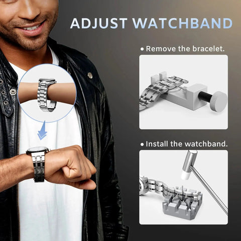 Pro Grade All In One Watch Repair Kit With Cap Opener, Strap And Band Link Remover, shown used on a watch band for adjustment.