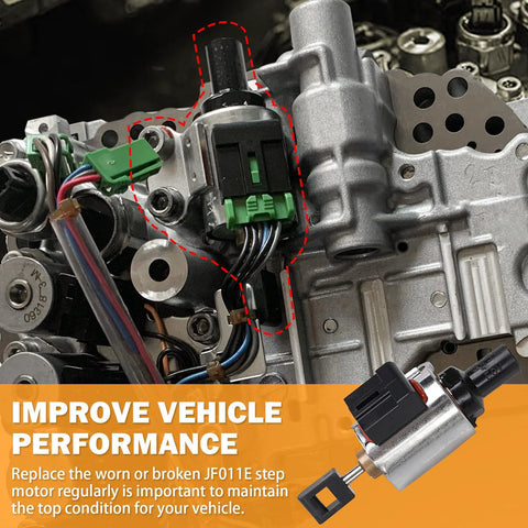 CVT step motor with green connector and black housing mounted on a silver transmission valve body
