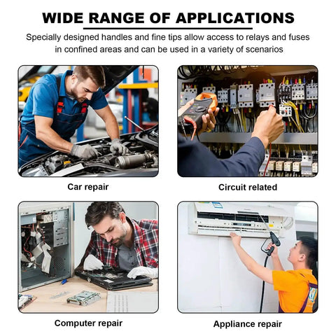 Various applications of 2-Piece Relay And Fuse Removal Tool Set including car repair, circuit work, computer and appliance repair.