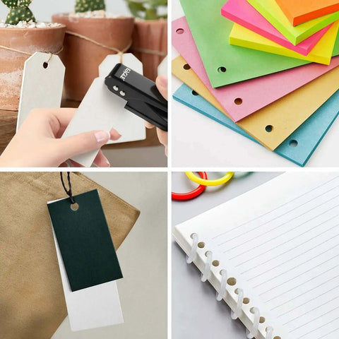 Low Force One Hole Paper Punch, 12 Sheets Capacity in use on colored papers, tags, and binder sheets, compact portable black punch with anti-skid base.