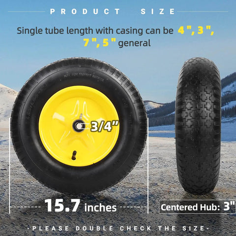 Front and side view of 2-Pack 4.80 4.00-8 Inch Tire And Wheel Set For Wheelbarrows Hand Trucks Garden Carts with yellow hub and 3/4 inch bearing.