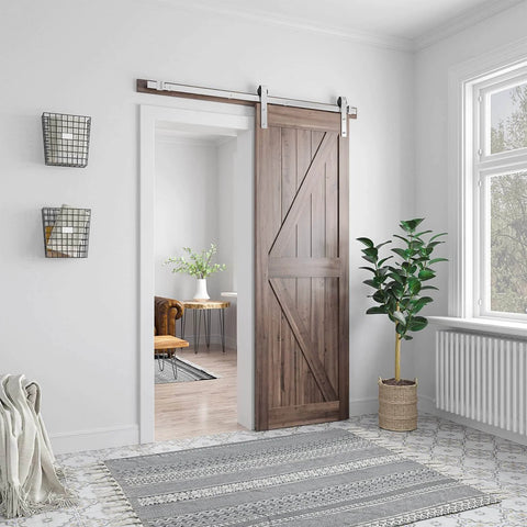 Brushed Nickel Barn Door Hardware Kit With Heavy Duty Sliding Track And Quiet Glide For 30 Inch Wide Door, 5 Feet Rail, J Shape Hanger installed
