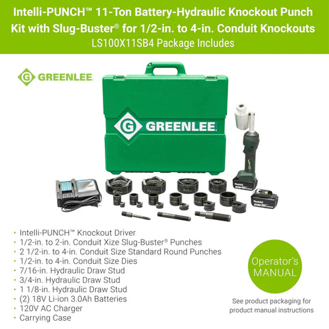 11-Ton Battery Hydraulic Knockout Punch Kit With Slug Buster For 1/2 To 4 Inch Conduit, tools and green carrying case displayed