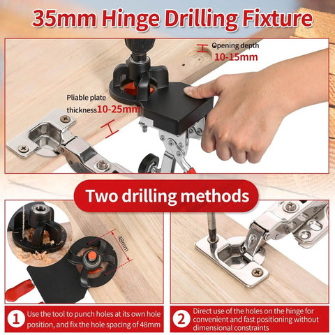 Close-up of 35mm Concealed Hinge Jig for Cabinets Aluminum Alloy Construction with two drilling methods and measurements.