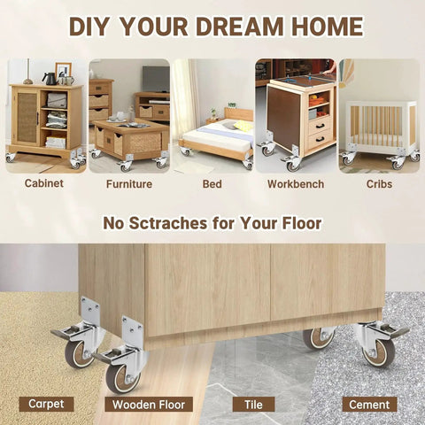Three Inch Side Mount Casters Set Of Four L Shaped 360 Degree Swivel Quiet Heavy Duty Locking Furniture Casters for floors