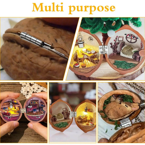 Multi-purpose miniatures using 100 pcs tiny silver hinges for crafts in walnut shells, showcasing various creative displays.