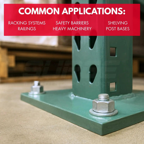 Heavy-Duty 3/4 Inch Wedge Anchors For Concrete And Cement Zinc Plated Rust-Resistant Carbon Steel 8-1/2 Inch Length 3/4 Inch Diameter Ideal For Grouted CMU And Solid Masonry Box Of 10 installed in metal base for shelving