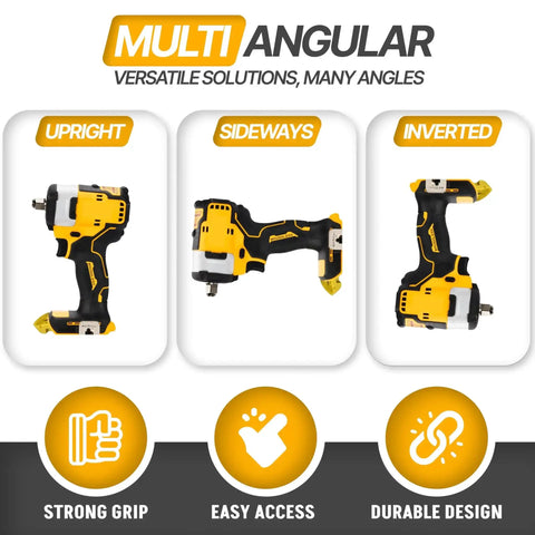 9 Pack Tool Holder Wall Mount For DeWalt 20V And 60V Cordless Tools Snap Fit Drill Hanger displayed in upright, sideways, inverted positions