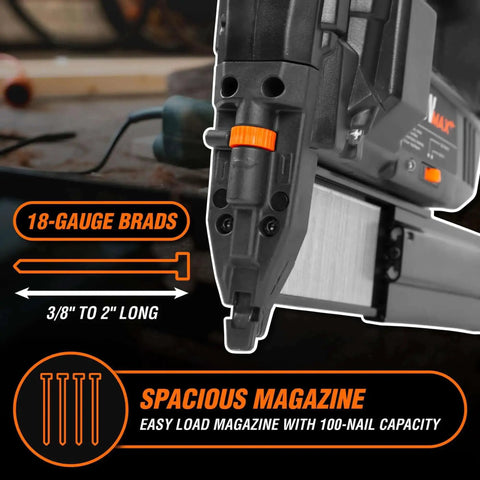 Close-up of Cordless 20V Max 18 Gauge Brad Nailer with 100 nail magazine capacity, showing 18-gauge brads and spacious magazine.