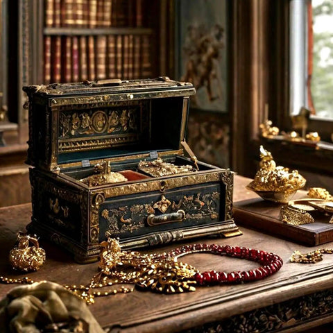 Open ornate jewelry box with gold artifacts and red beaded necklace on a wooden table in a classic room.
